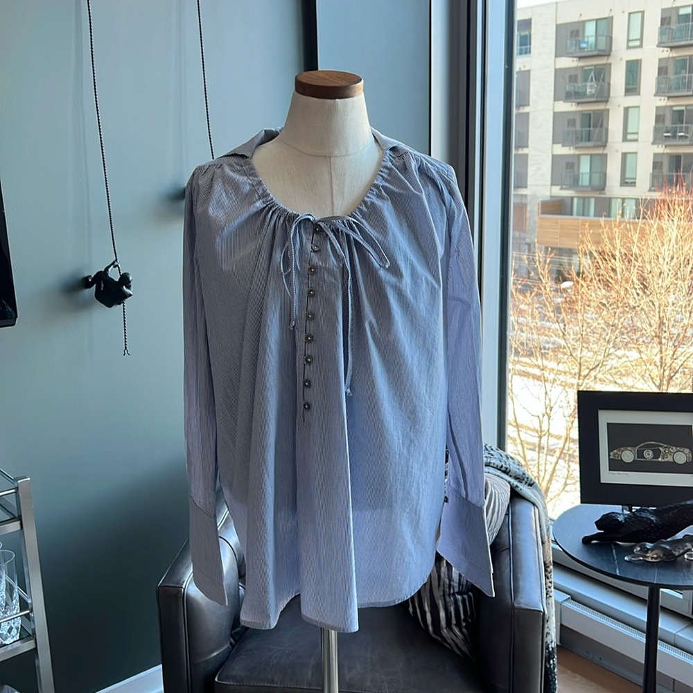 New (NWOT) Hana San Drawstring Neck Nina Striped Button Up Top Size 36